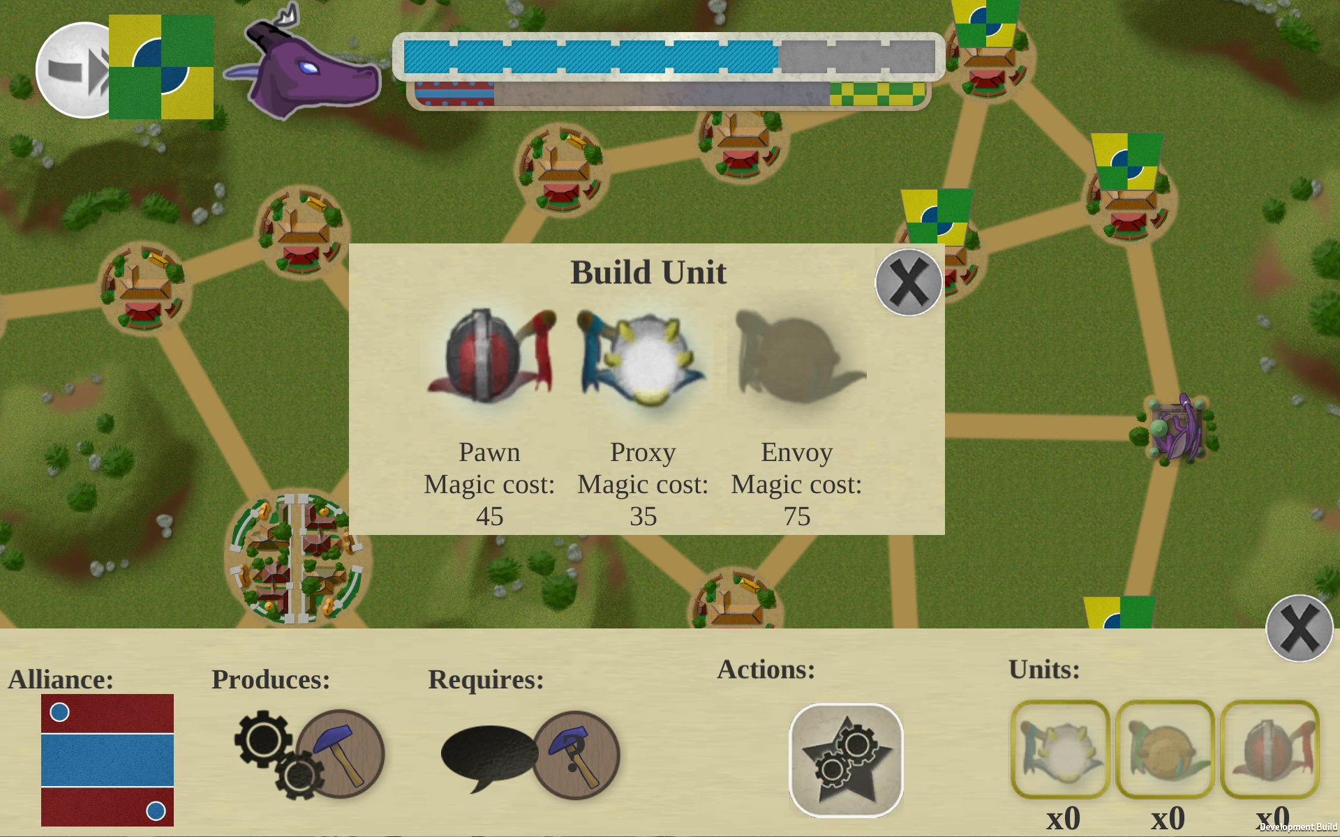 A panel in the centre of the screen shows a variety of available units to build: pawn, proxy, or envoy (greyed out). Behind is a top-down view of various connected settlements. There are stacked progress bars and a flag at the top of the screen; below are readouts for the selected settlement.