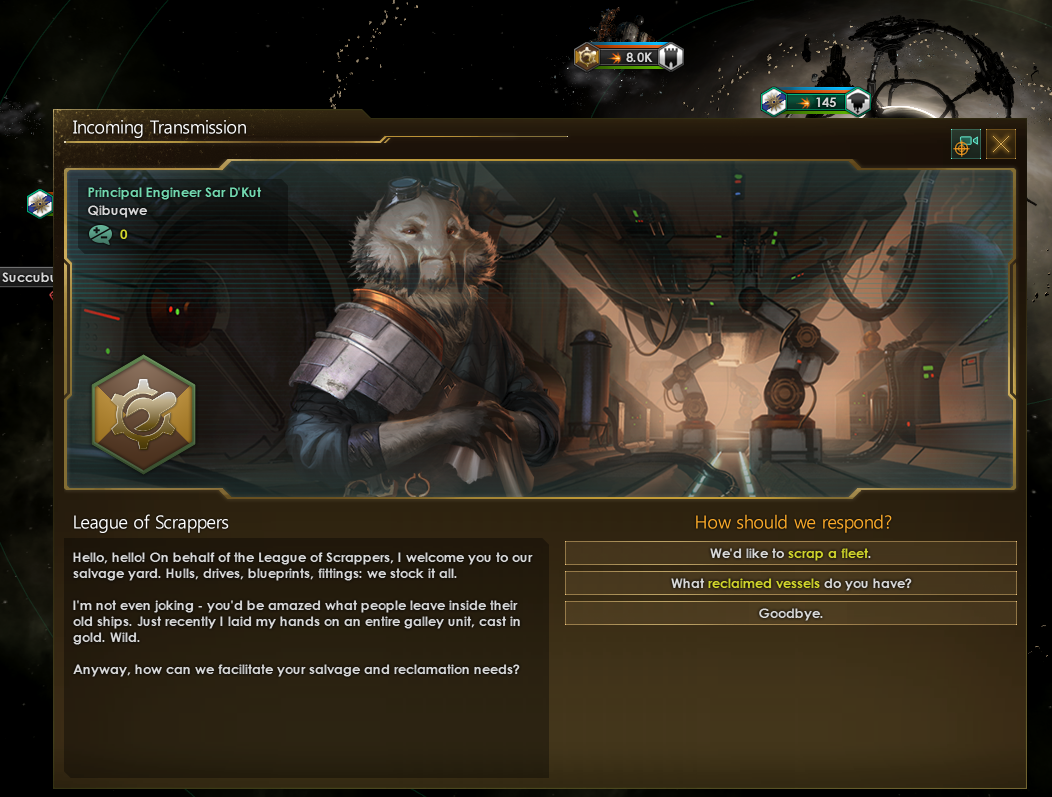 A mammalian engineer greets the player amiably from aboard a vast engineering works, rubbing an oily rag in their rodent-like hands.