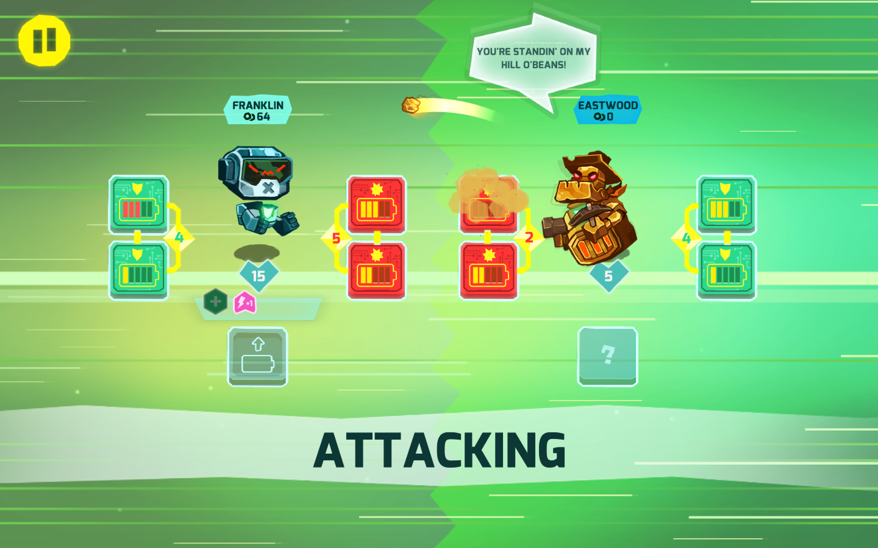 Console version of the game, with one cartoon robot facing off against another. Digital cards surround each opponent. A banner at the bottom of the screen announces this is the 'attacking' phase.