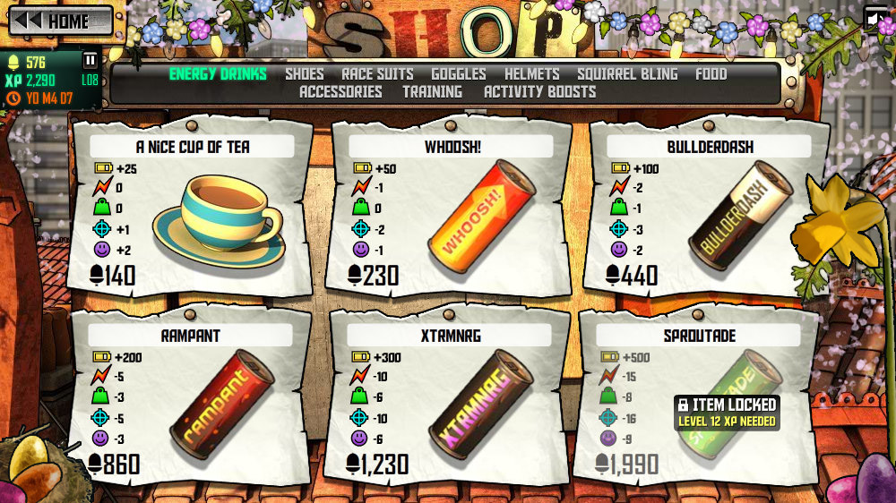 Energy drinks in the in-game shop, decorated with springtime festive blooms.